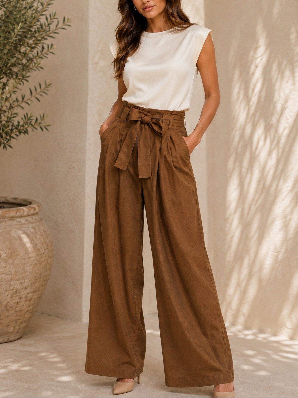 SM174 | High Waist Tie Waist Wide Leg Pants | Cognac